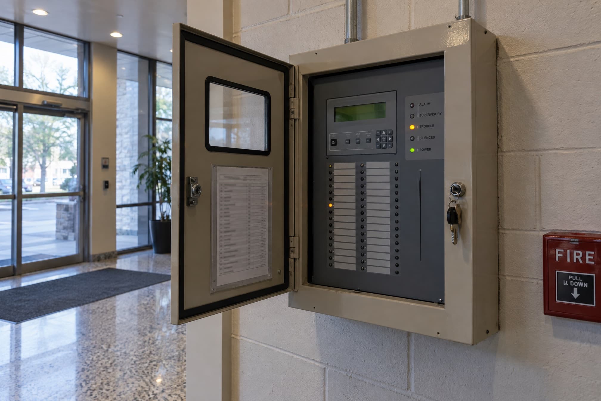 Annunciator panel mid-test during a fire alarm inspection