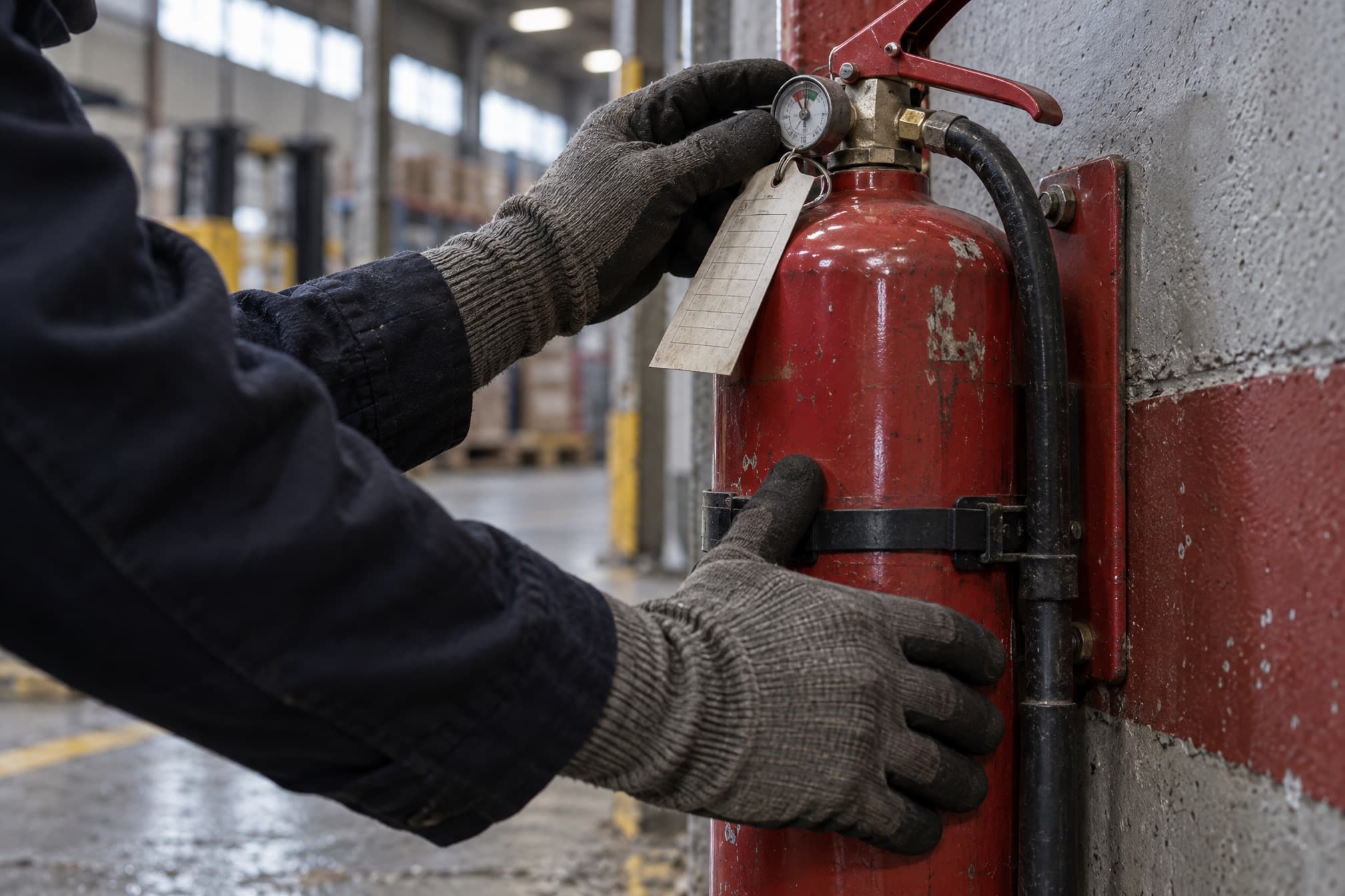 Checking the gauge and service tag on a wall-mounted fire extinguisher
