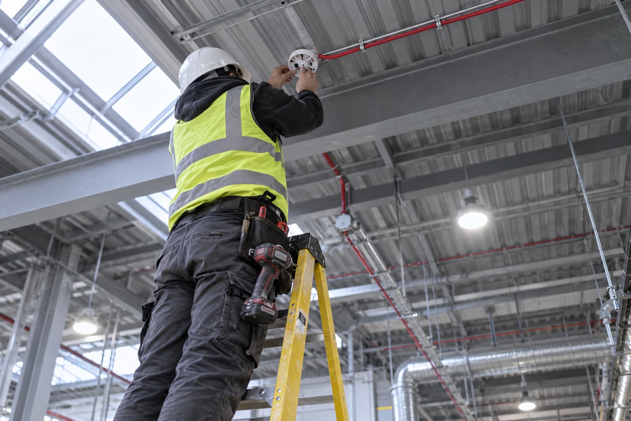 A detector base being fitted during a fire alarm installation