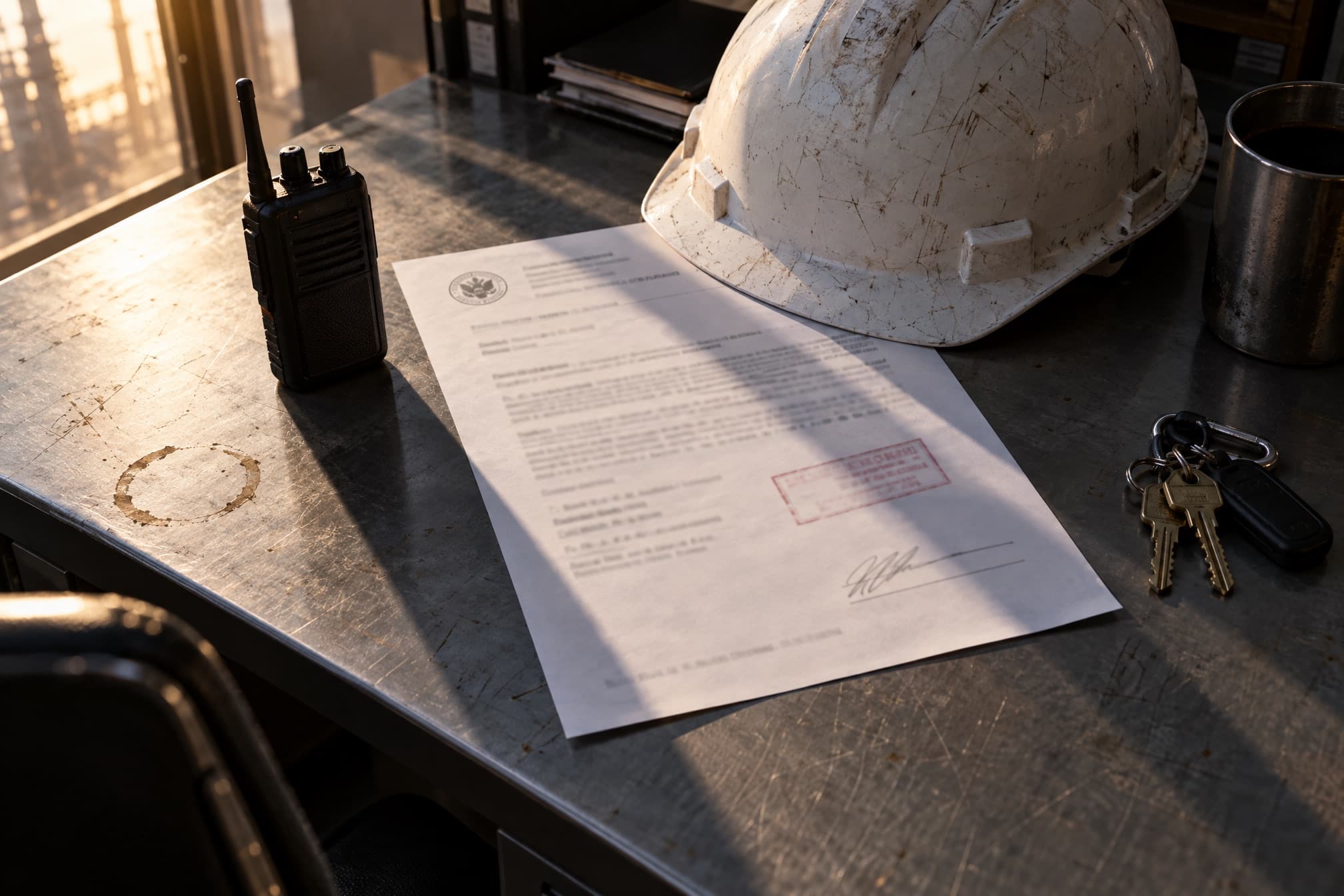 An inspection notice on a plant manager's desk beside a hard hat and radio