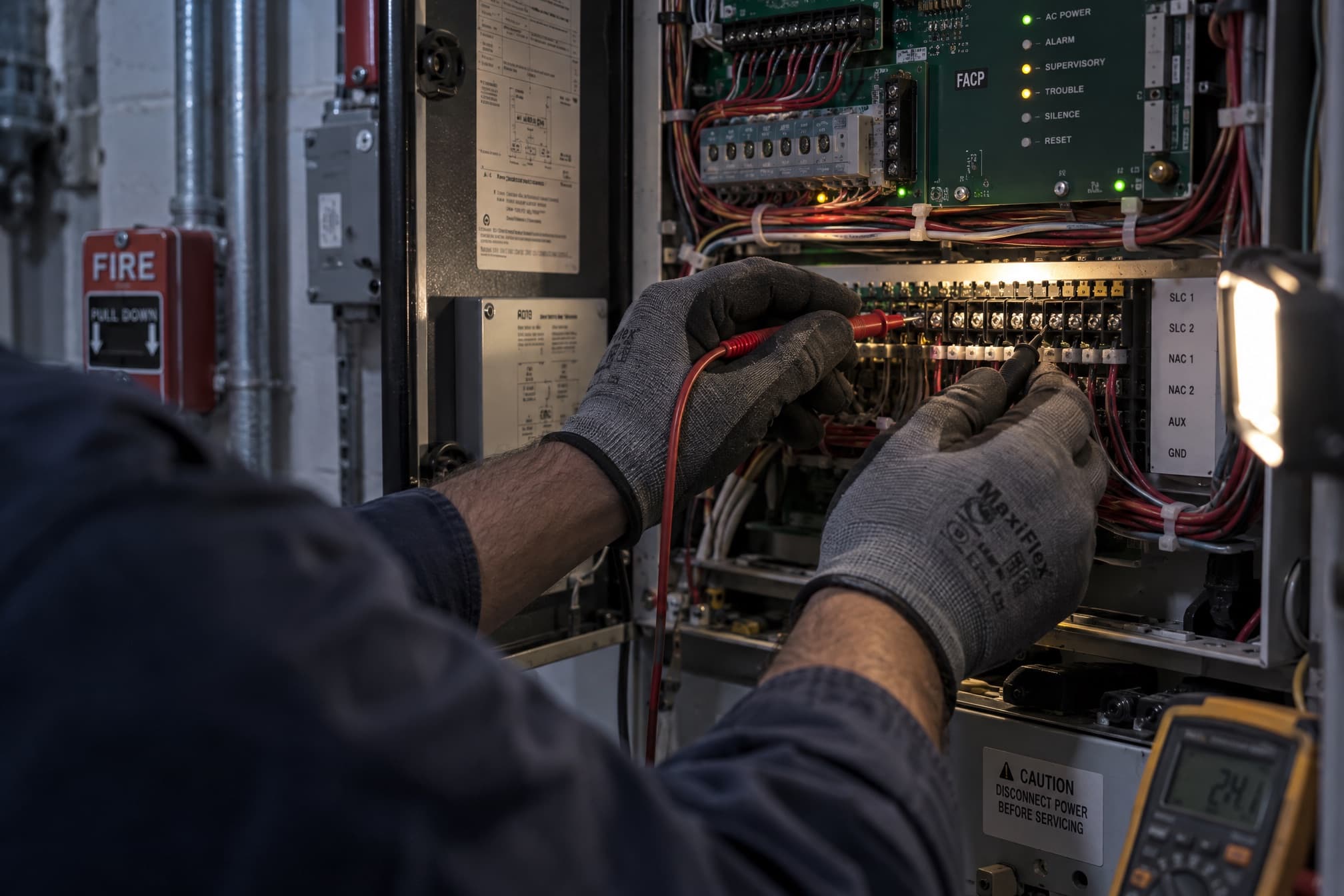 Technician testing fire alarm panel wiring with a multimeter