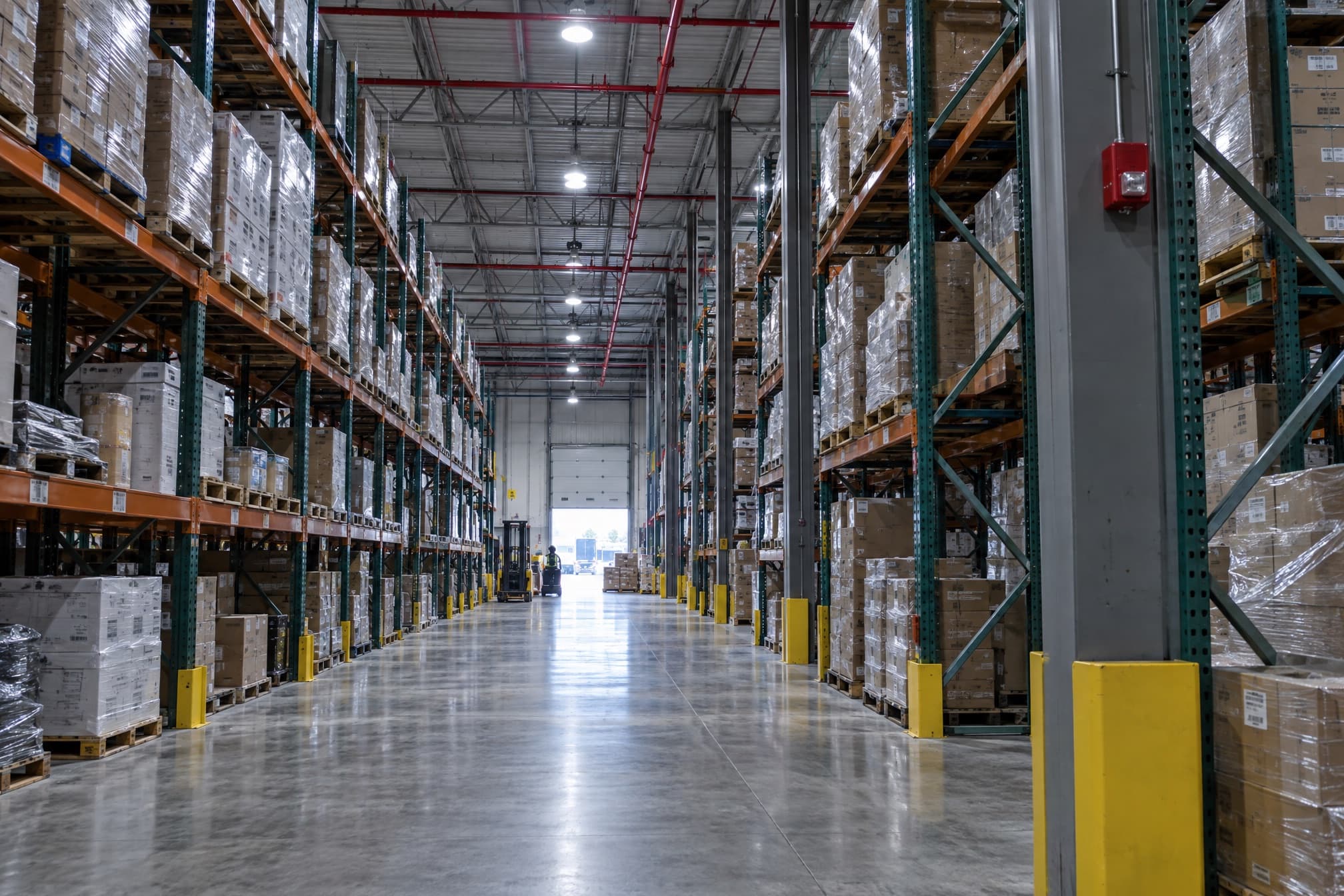 High-bay warehouse with sprinkler pipework and alarm devices overhead